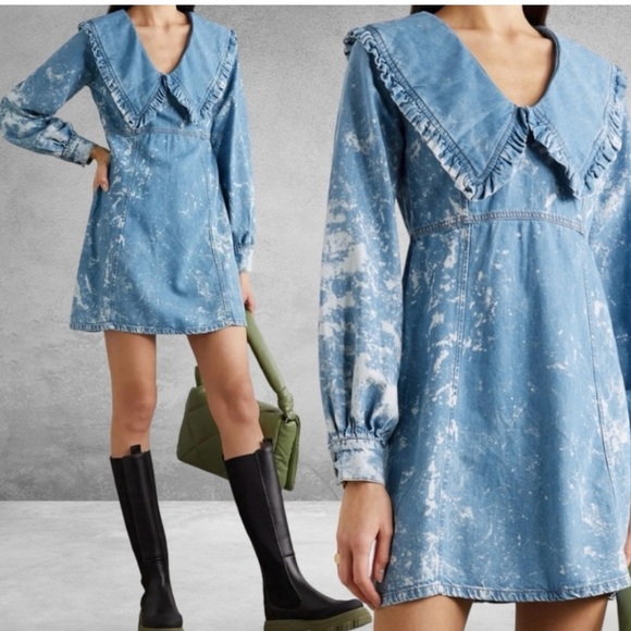 Ganni Dresses & Skirts - Ganni Net Sustain Ruffled Bleached Organic
Denim Mini Dress Size 32 US 0